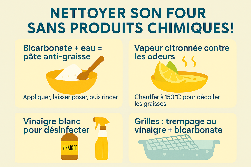 Infographie sur les méthodes naturelles pour nettoyer un four avec bicarbonate, citron et vinaigre