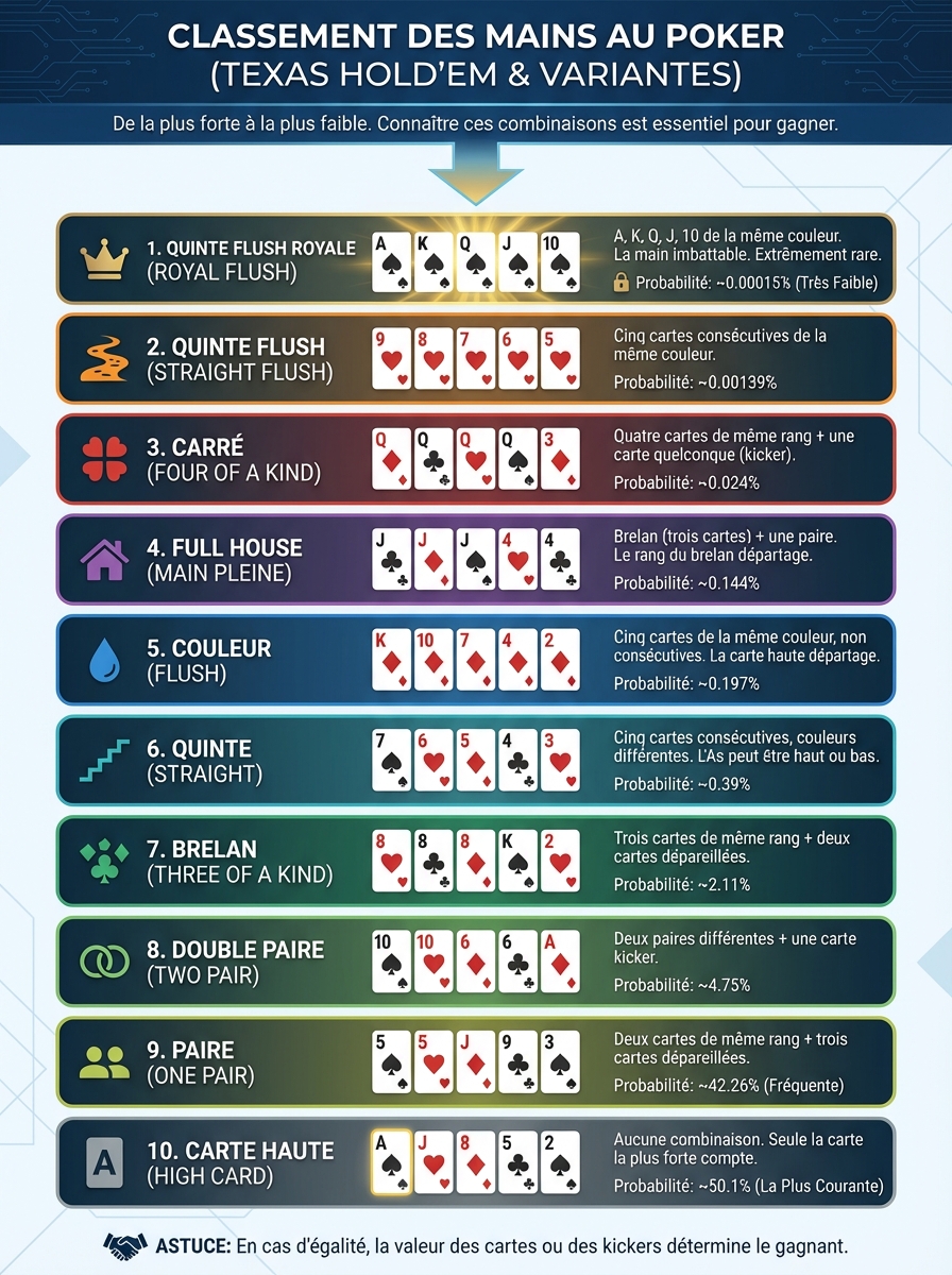 Infographie classement des mains au poker
